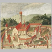 Stadtansicht von 1737 (Staedtische Museen Isny) Klosterbezirk St. Georg (links die Nikolaikirche), Wikipedia.jpg